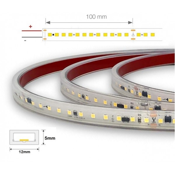 Tira LED 230V monocolor 16W/mt 120L/mt. SMD 2835 IP67 12x5mm corte cada 100mm, Venta por metros, desde 10,40€/m